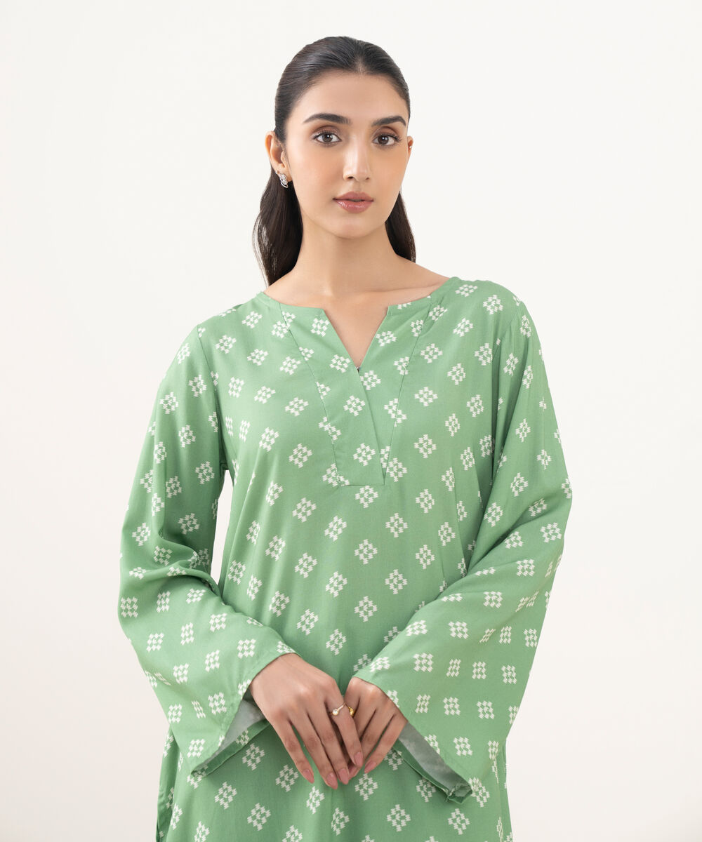 Women's RTW Linen Viscose Printed Green Straight Shirt