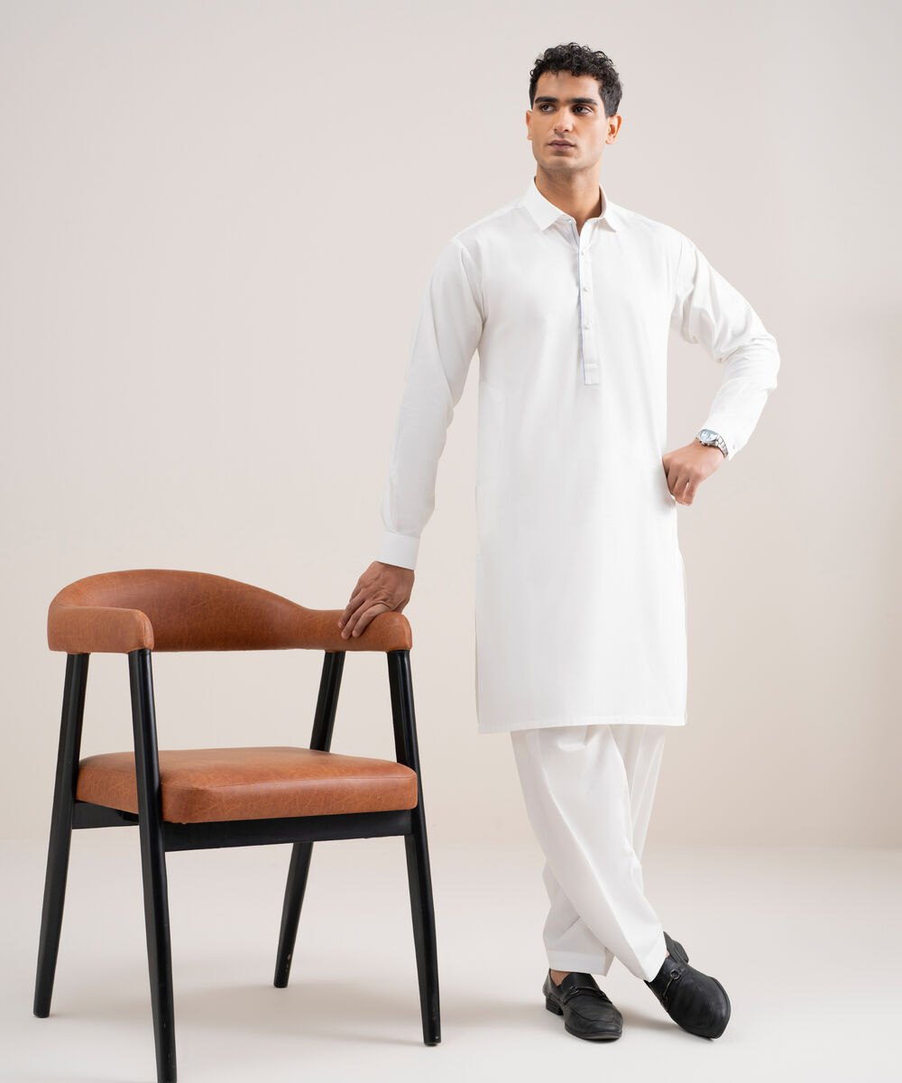 Men's Stitched Cotton Dobby Off White Suit