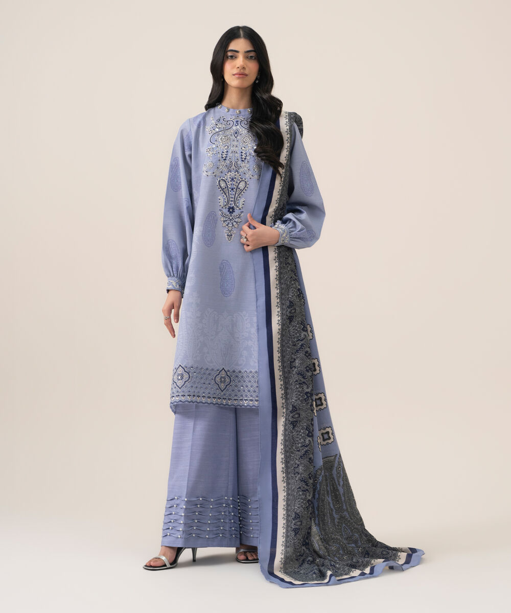 Women's Unstitched Cotton Printed Blue 3 Piece Suit