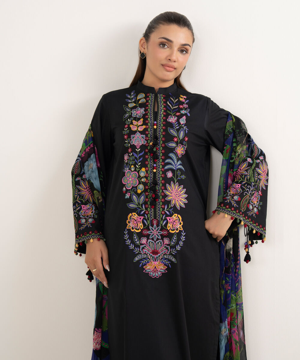 Women's Unstitched Textured Lawn Embroidered Black 3 Piece Suit