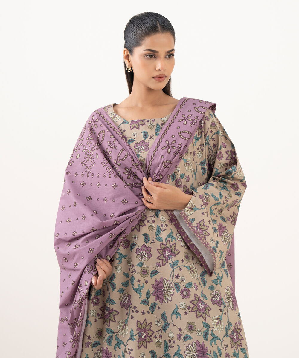 Women's Unstitched Cotton Printed Beige  Three Piece Suit