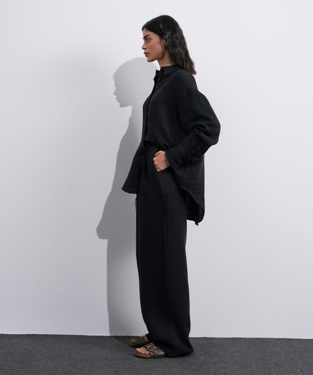 Women's Black Pleated Muslin Trousers