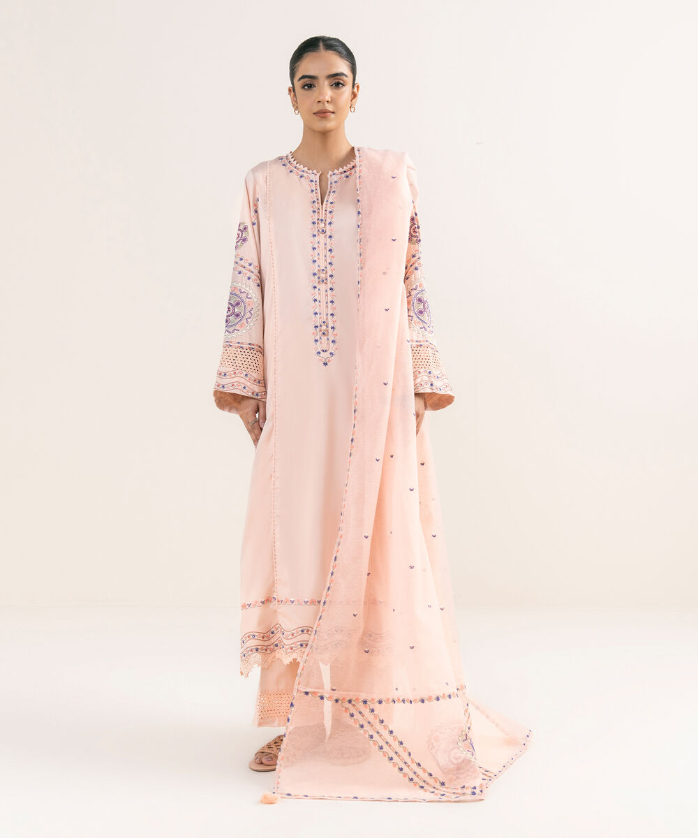 Women's RTW Cotton Satin Pink Embroidered A-Line Shirt