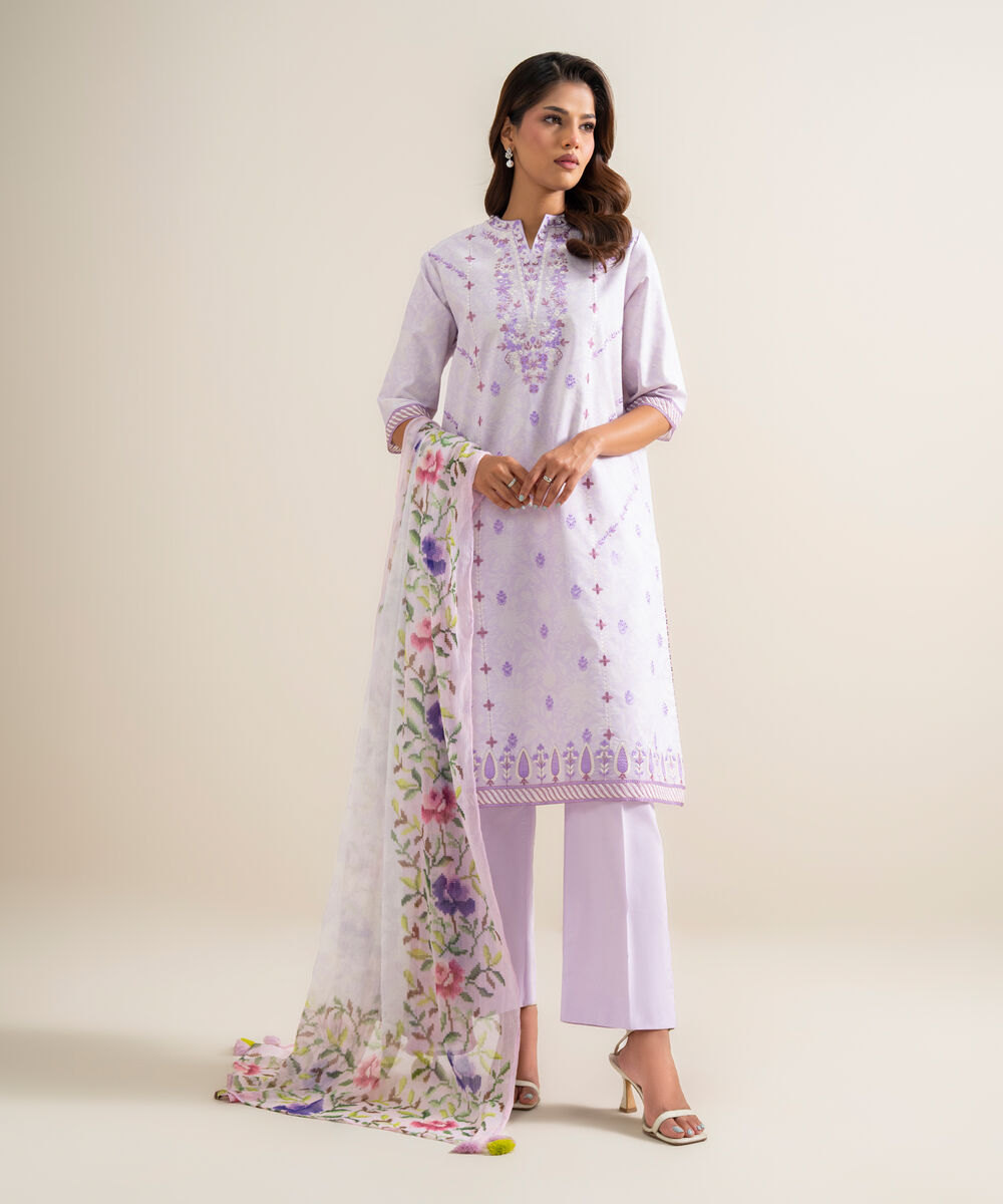 Women's Unstitched Zari Cotton Embroidered Purple 3 Piece Suit