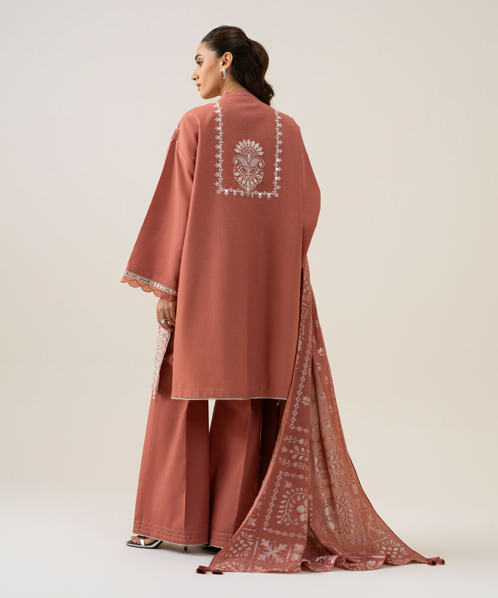 Women's Unstitched Light Khaddar Embroidered Pink 3 Piece Suit