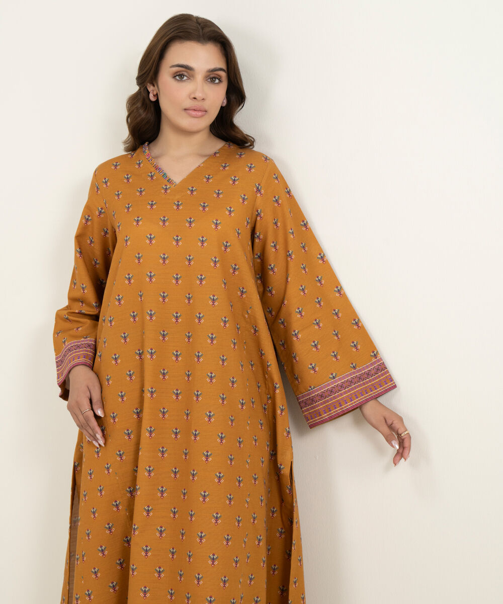 Women's Two Piece Orange Light Khaddar Printed Suit