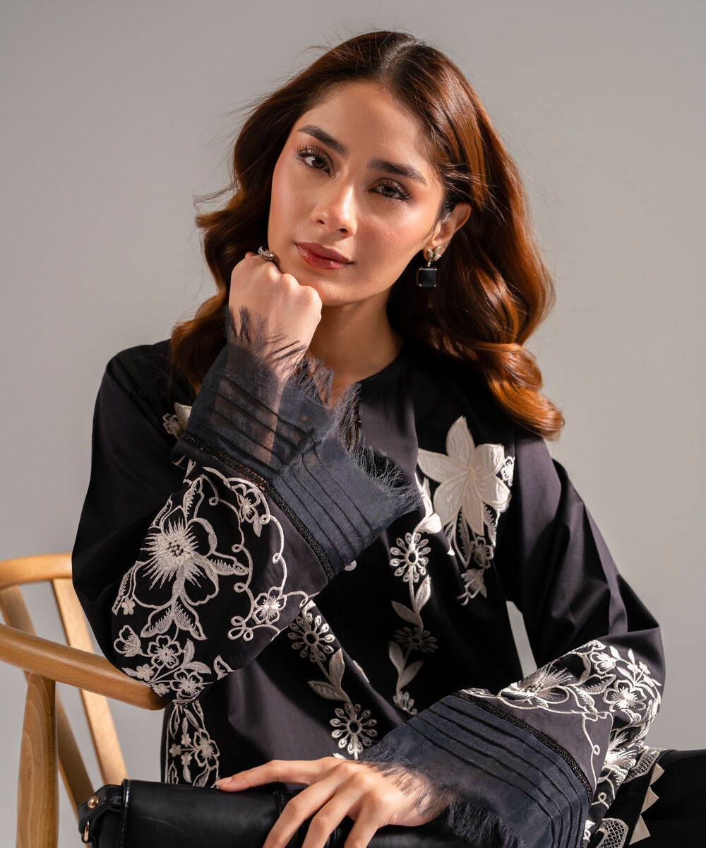 Women's RTW Cotton Satin Embroidered Black 2 Piece Suit