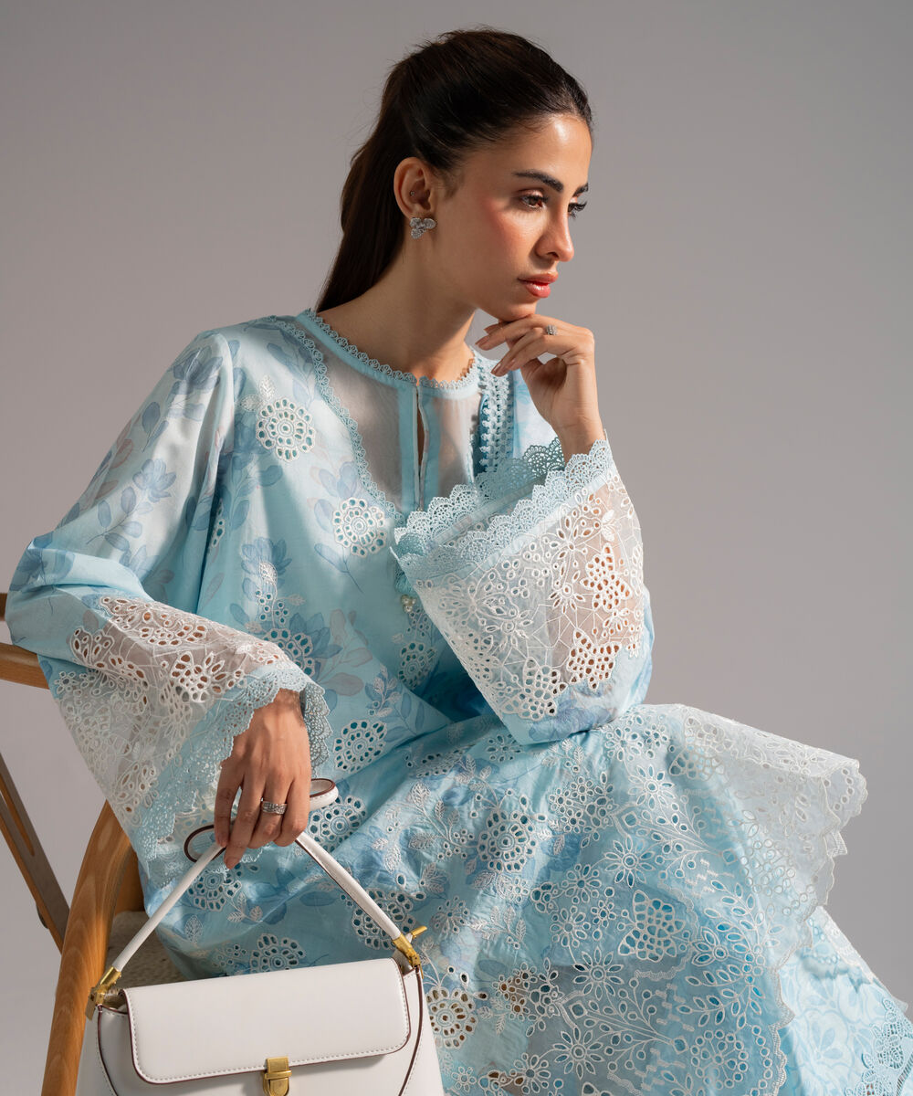 Women's RTW Self Jacquard Embroidered Light Blue 3 Piece Suit