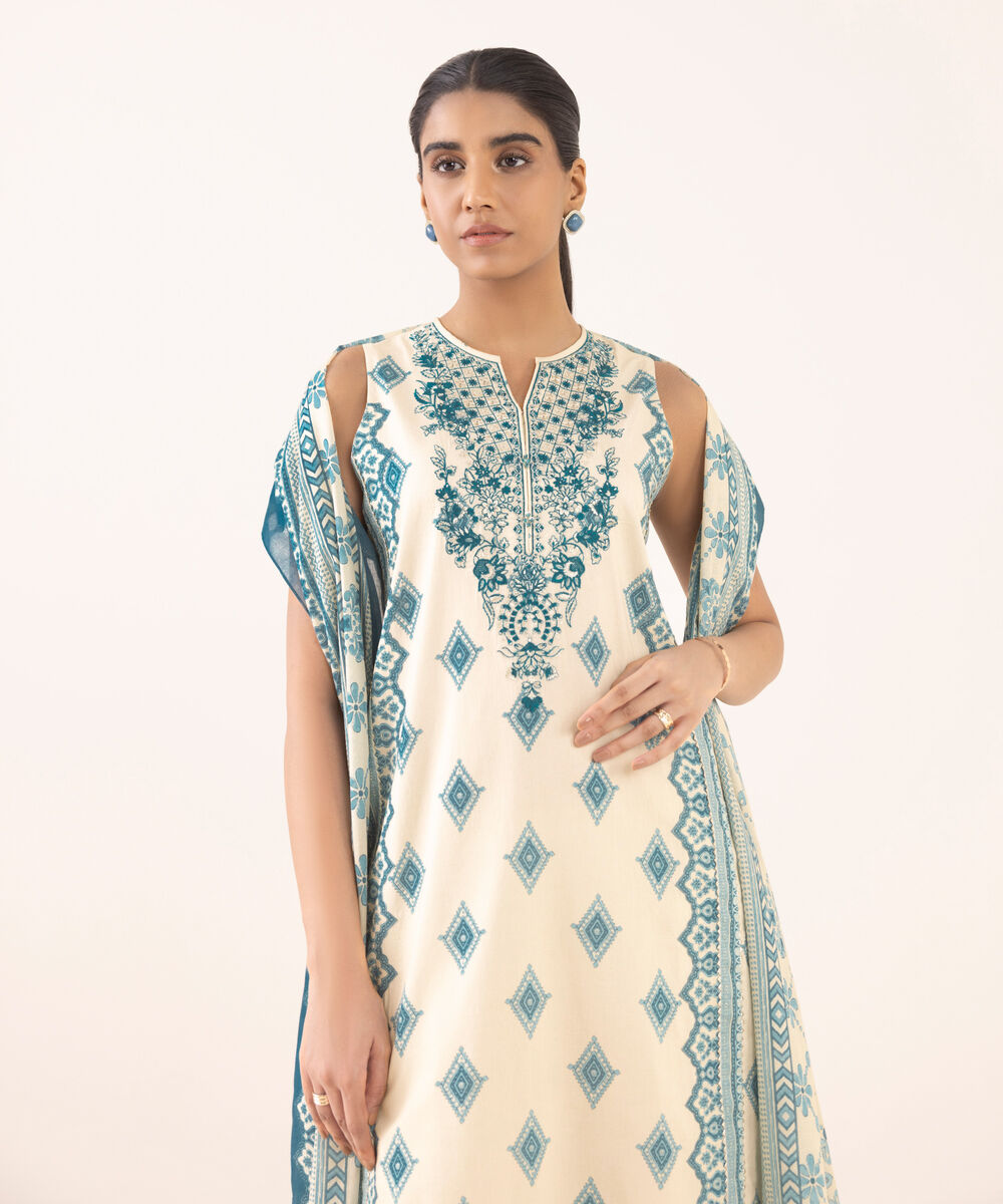 Women's Unstitched Lawn Embroidered Blue 3 Piece Suit