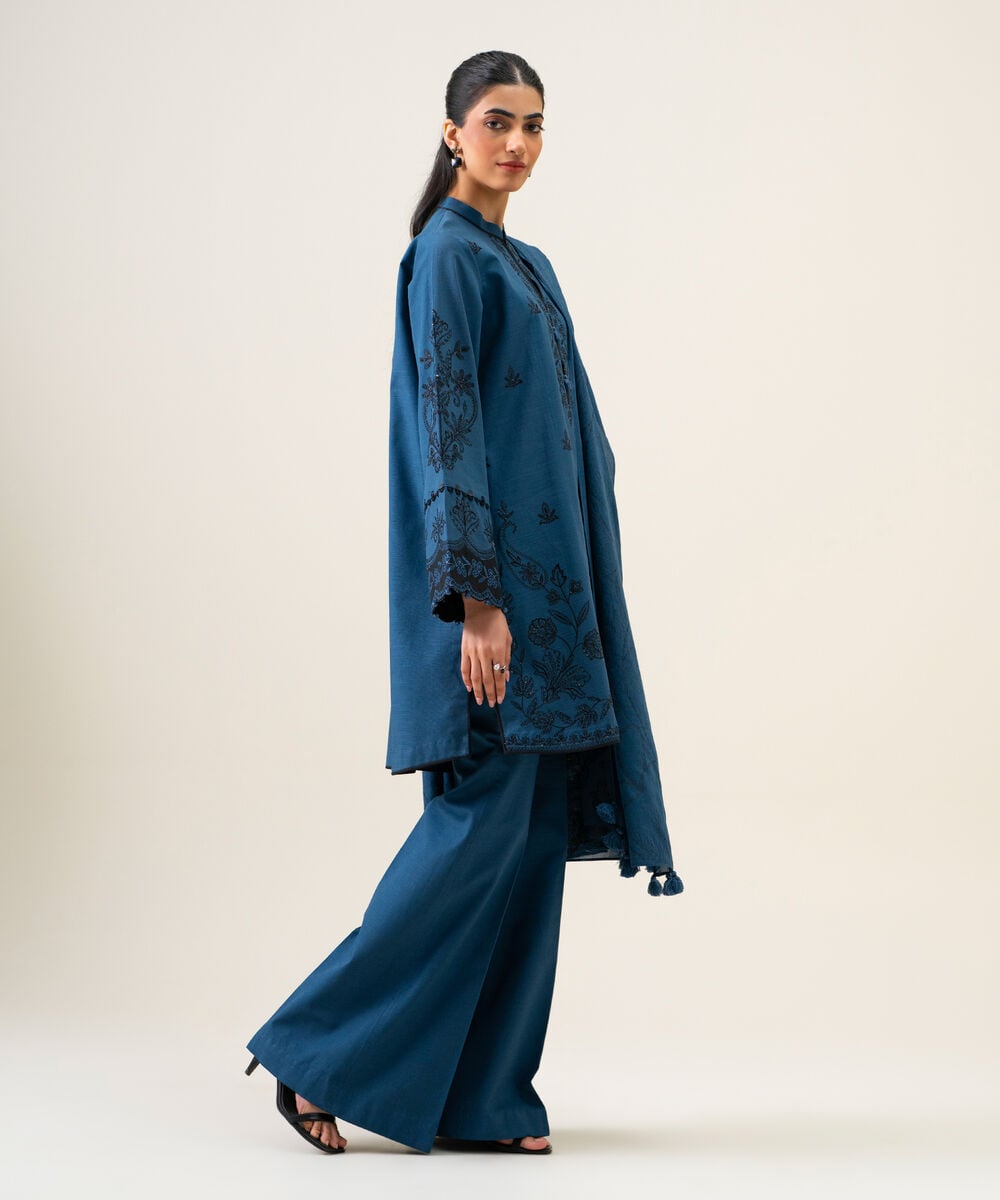 Women's Unstitched Light Khaddar Embroidered Navy Blue 3 Piece Suit