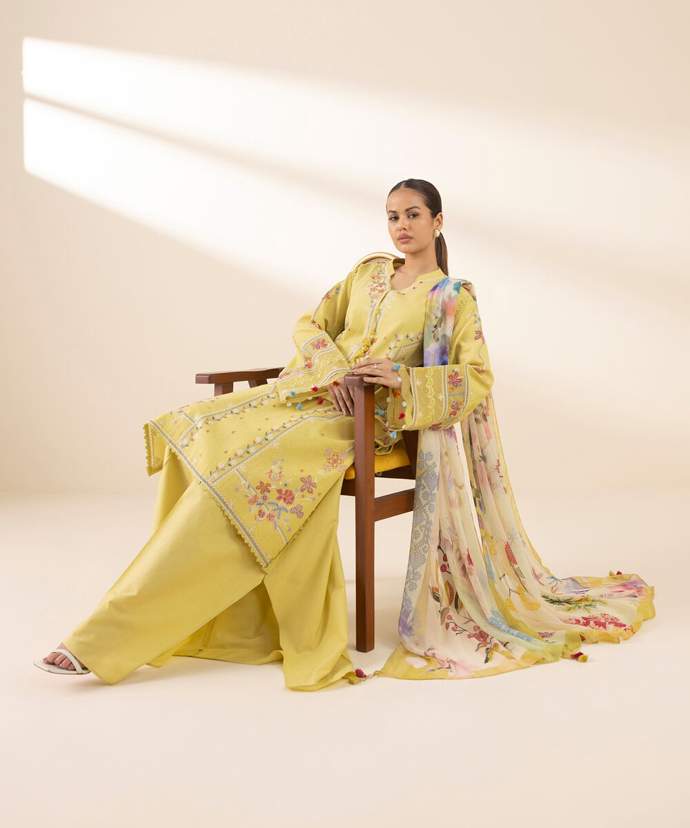 Women's Unstitched Dobby Embroidered Yellow 3 Piece Suit