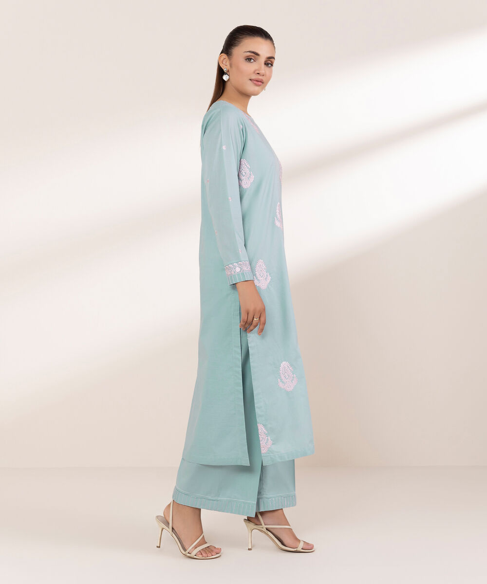 Women's RTW Textured Lawn Blue Embroidered A-Line Shirt