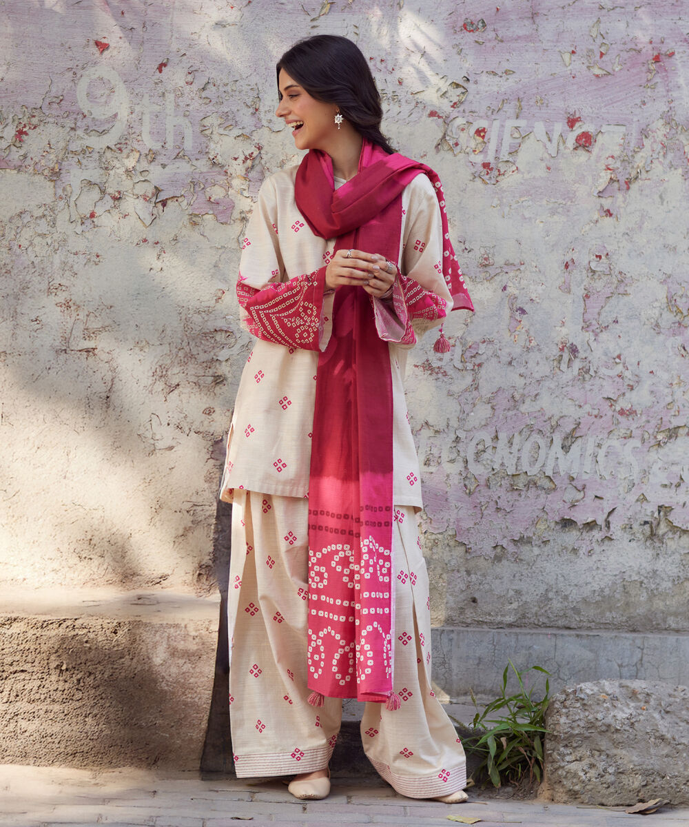 Women's RTW Khaddar Printed Off White 3 Piece Suit