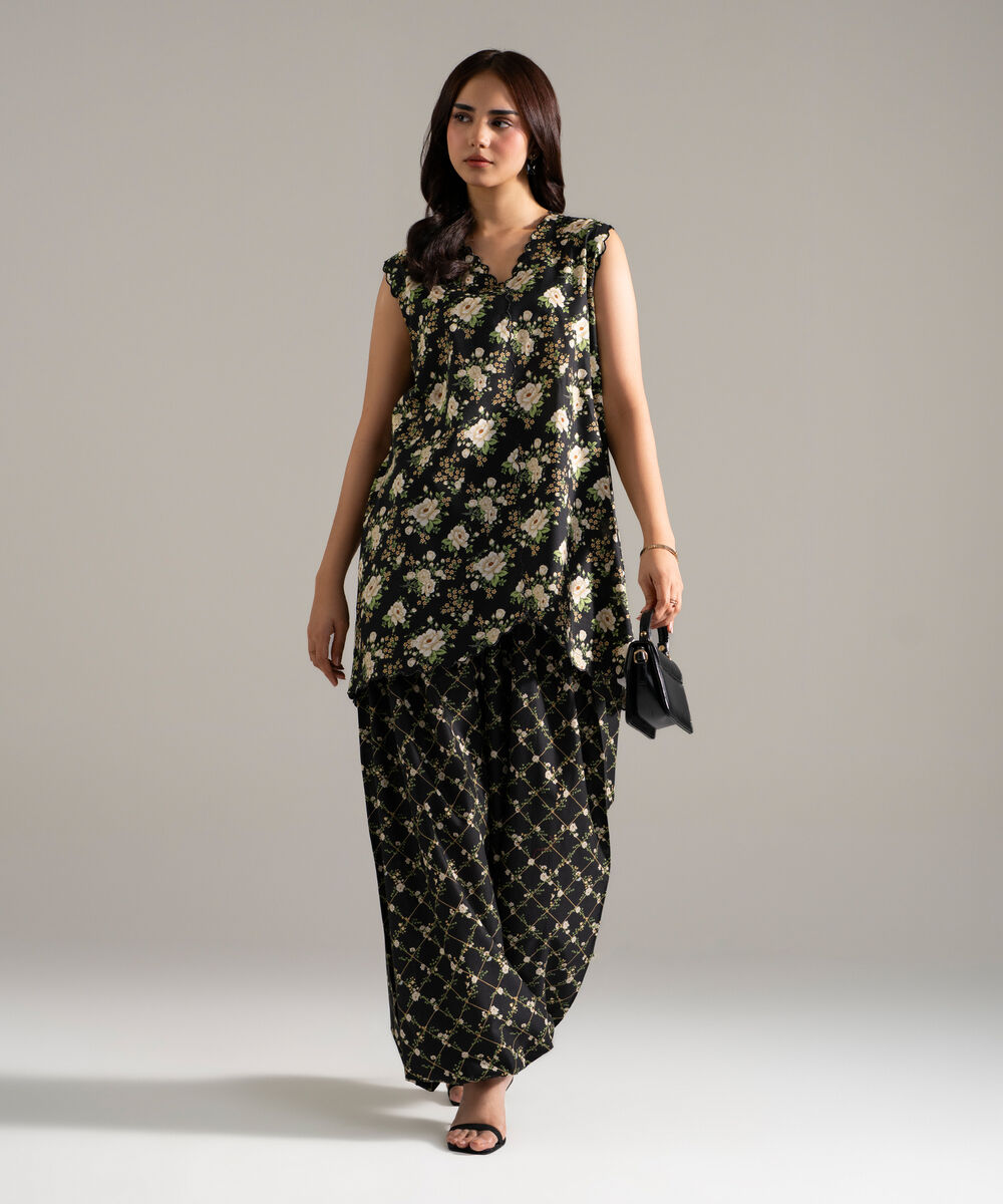 Women's RTW Cotton Viscose Printed Black 2 Piece Suit