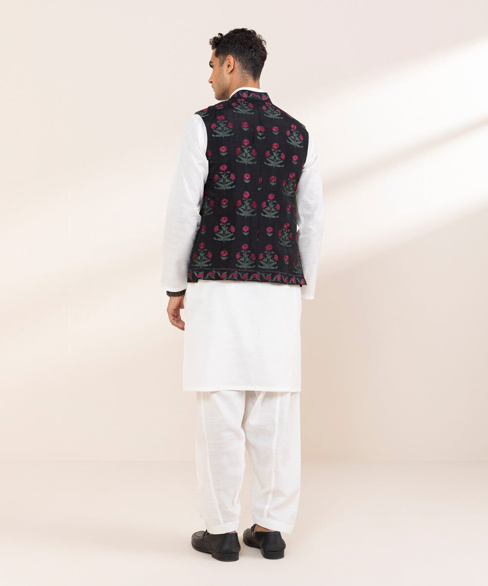 Man - Black Embroidered Raw Silk Waistcoat