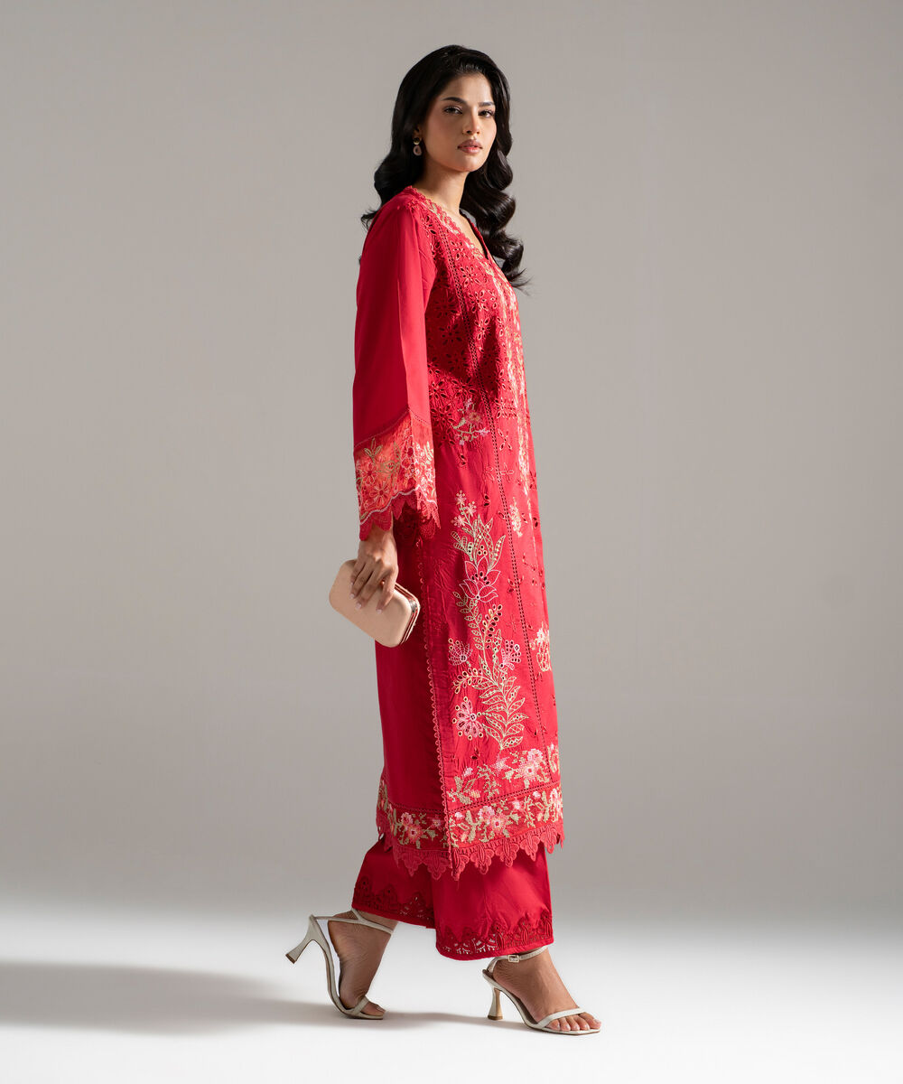 Women's RTW Lawn Embroidered Red 2 Piece Suit