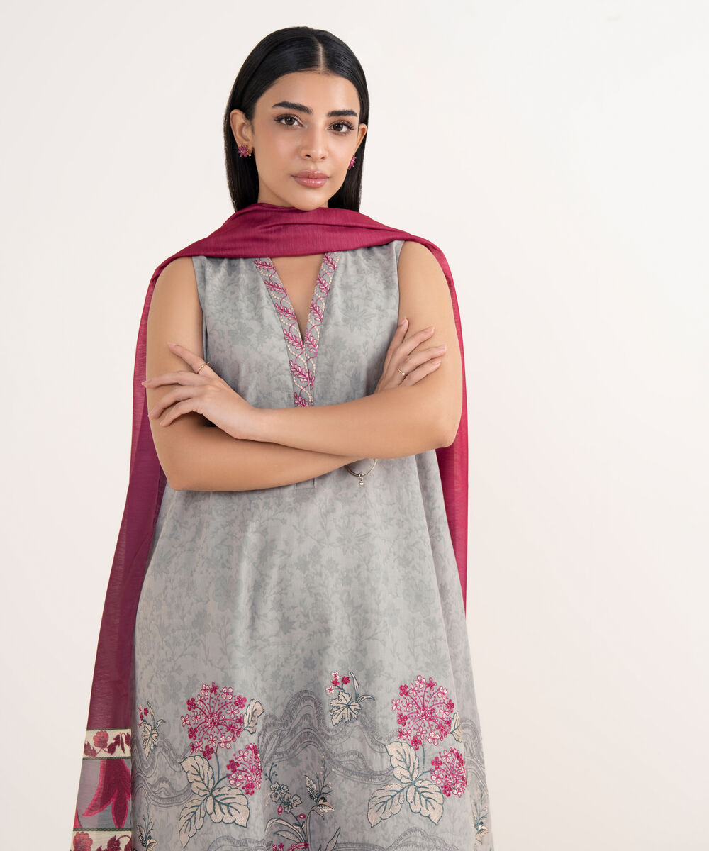 Women's Unstitched Cotton Jacquard Embroidered Grey 3 Piece Suit