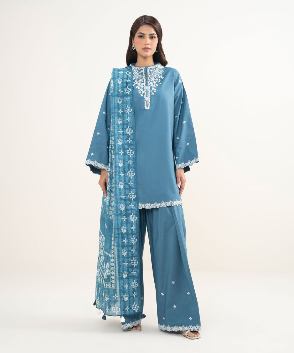 Women's Unstitched Lawn Embroidered Bllue 3 Piece Suit