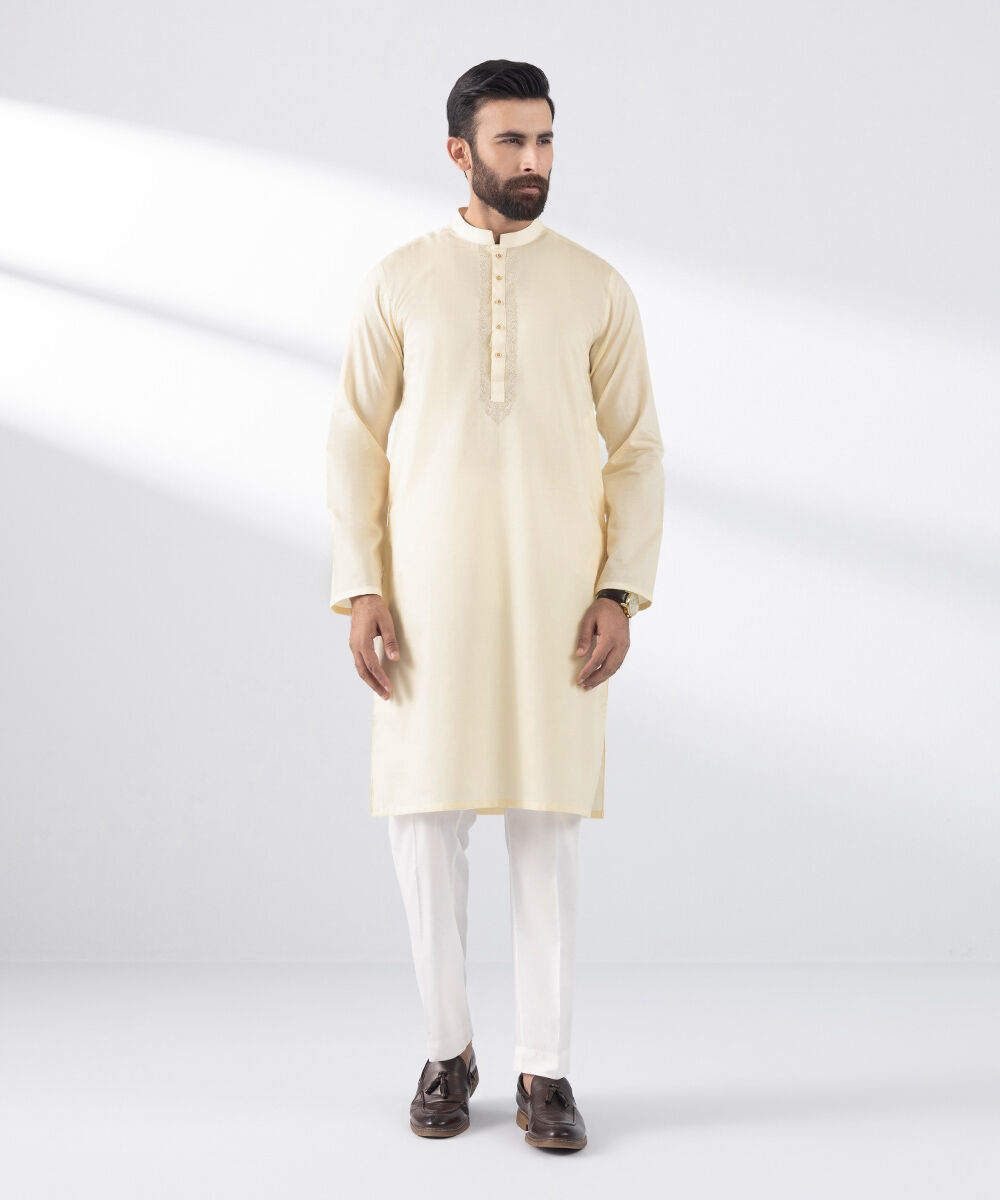 Men's Stitched Kurta Off White Embroidered Cotton Dobby Kurta