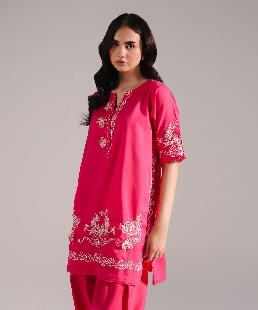 Women's RTW Slub Lawn Embroidered Pink Straight Shirt