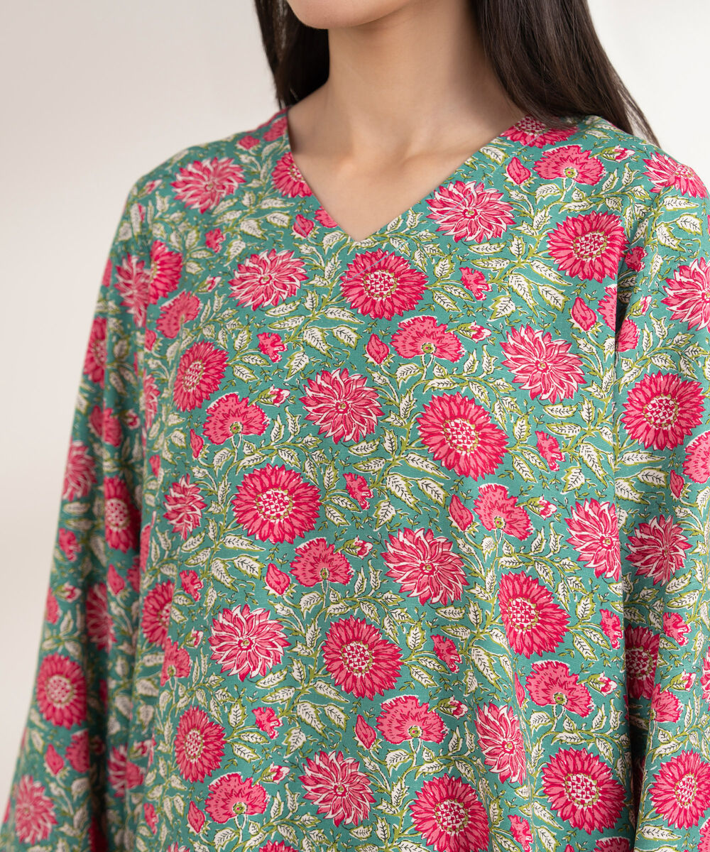 Women's RTW Arabic Khaddar Printed Straight Green Shirt