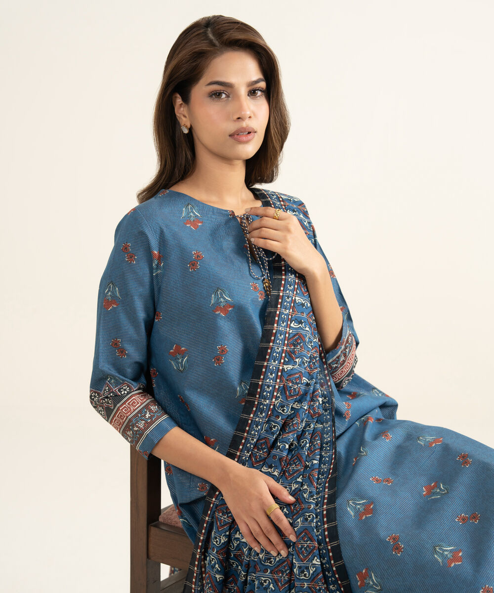 Women's Unstitched Zari Lawn Printed Blue 3 Piece Suit
