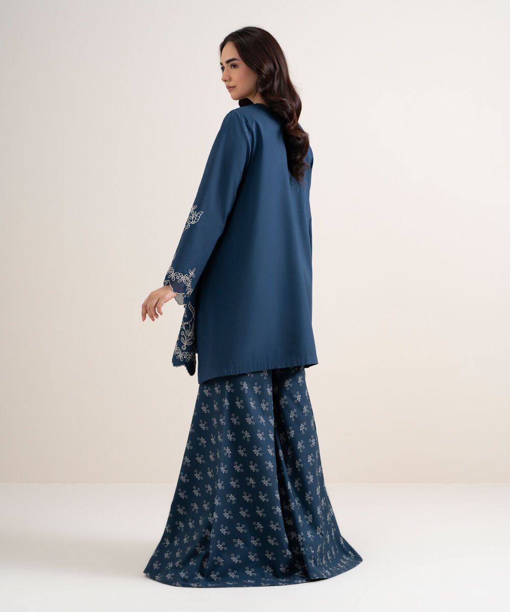 Women's Unstitched Cotton Embroidered Blue 2 Piece Suit