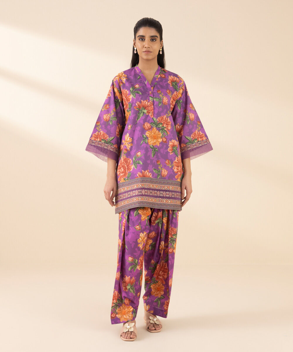 Unstitched Women's Purple Lawn Embroidered Shirt Trousers