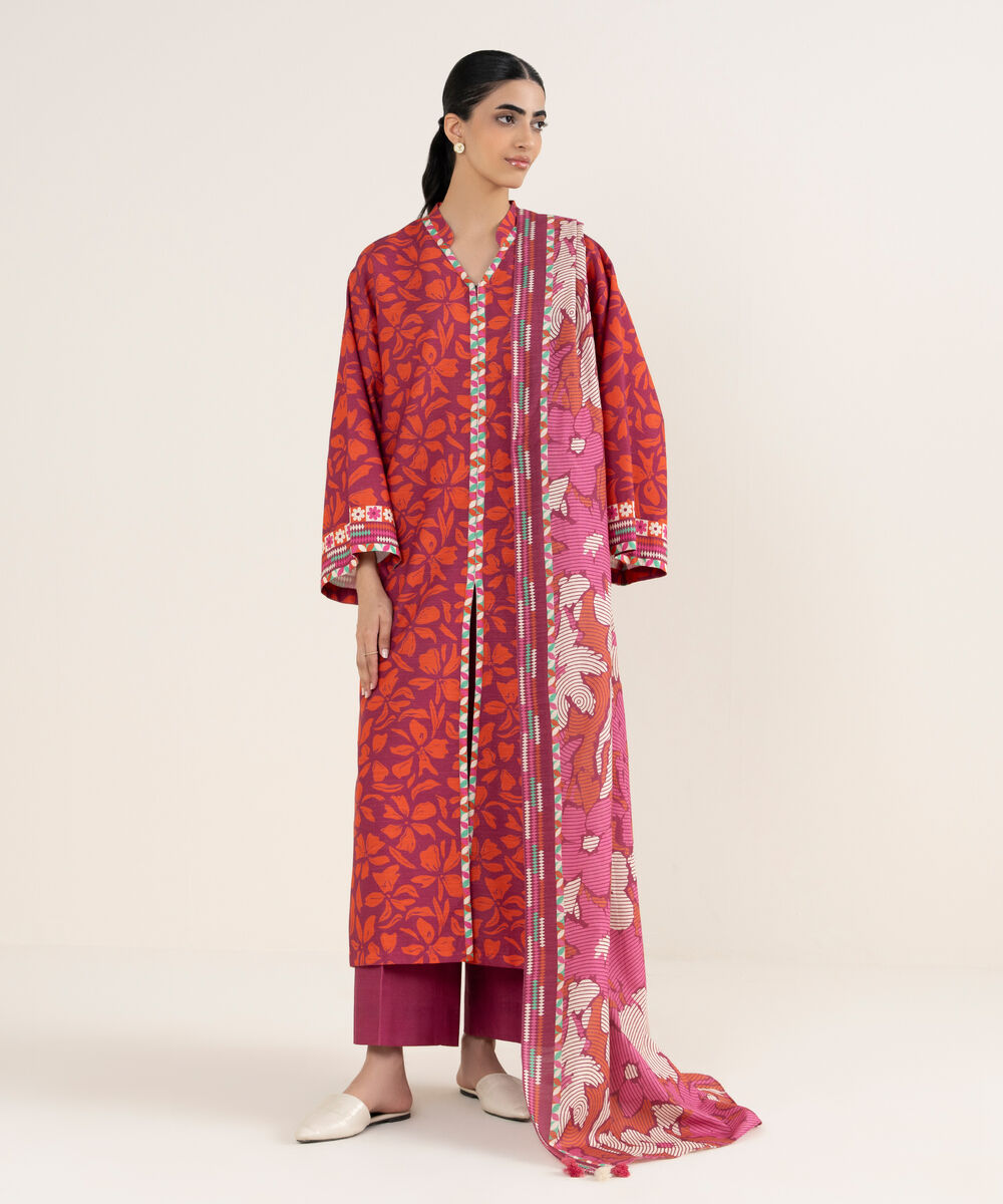 Women's Unstitched Printed Khaddar Hot Pink and Orange 3 Piece Suit