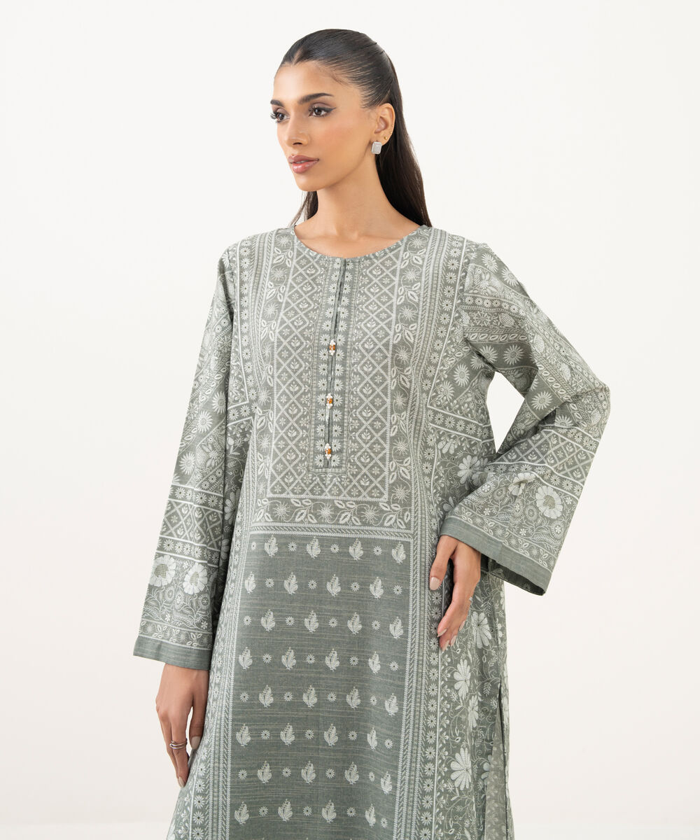 Women's RTW Light Khaddar Printed A-Line Grey Shirt