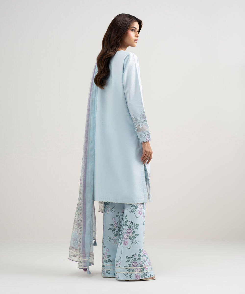 Women's Unstitched Textured Lawn Embroidered Blue 3 Piece Suit