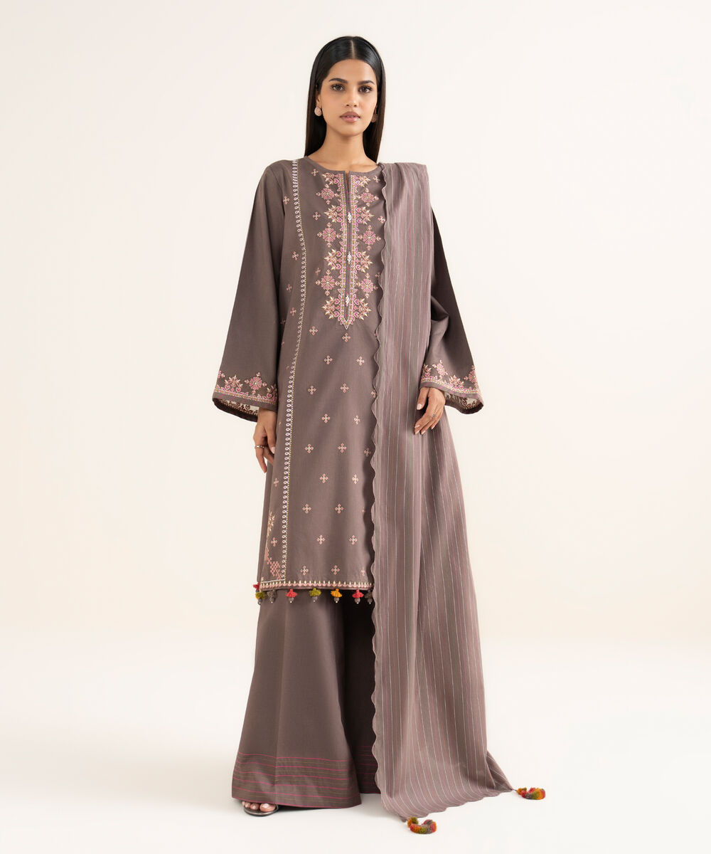 Women's Unstitched Embroidered Cotton Light Brown 3 Piece Suit