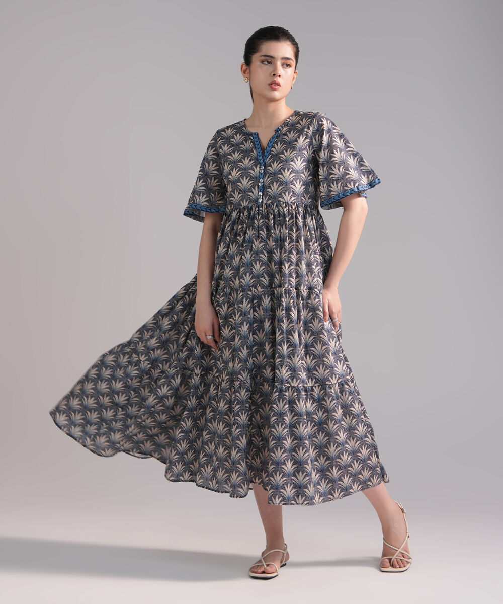 Women's RTW Slub Lawn Printed Dark Blue Dress Shirt