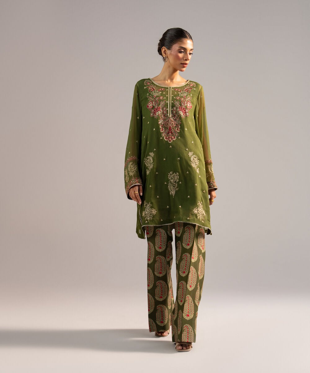 Women's RTW Chiffon Embroidered Green 2 Piece Suit