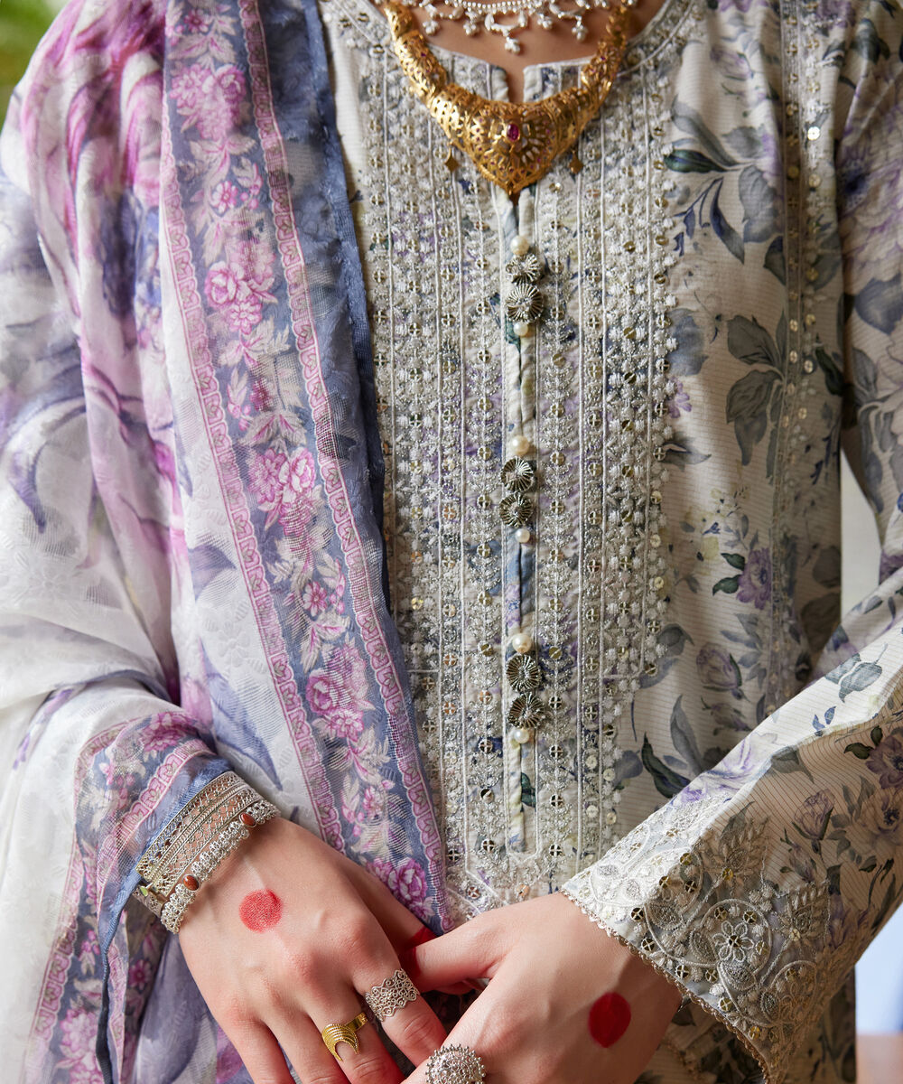 Women's RTW Zari Lawn Embroidered Off White 3 Piece Suit