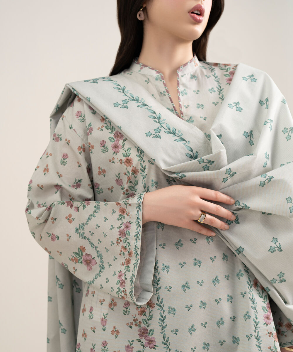 Women's Unstitched Zari Lawn Printed Grey 3 Piece Suit