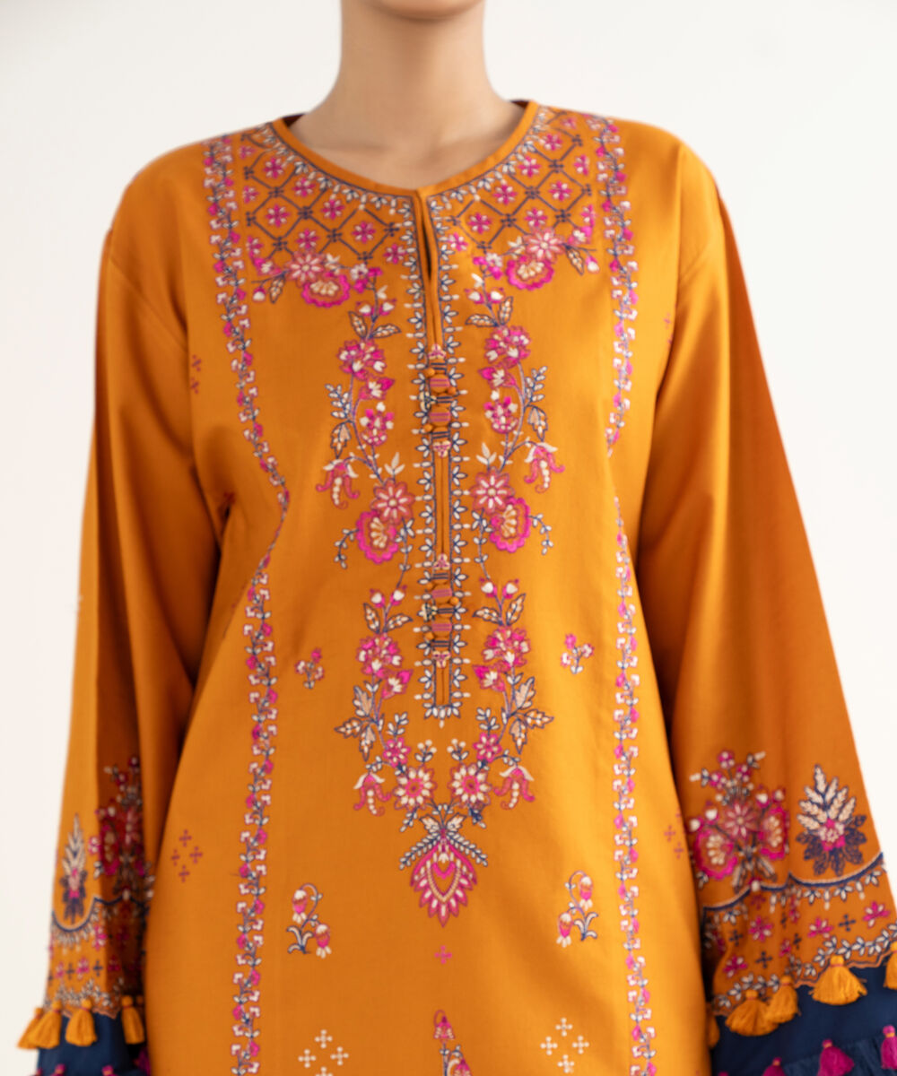 Women's Unstitched Twill Embroidered Orange 3 Piece Suit