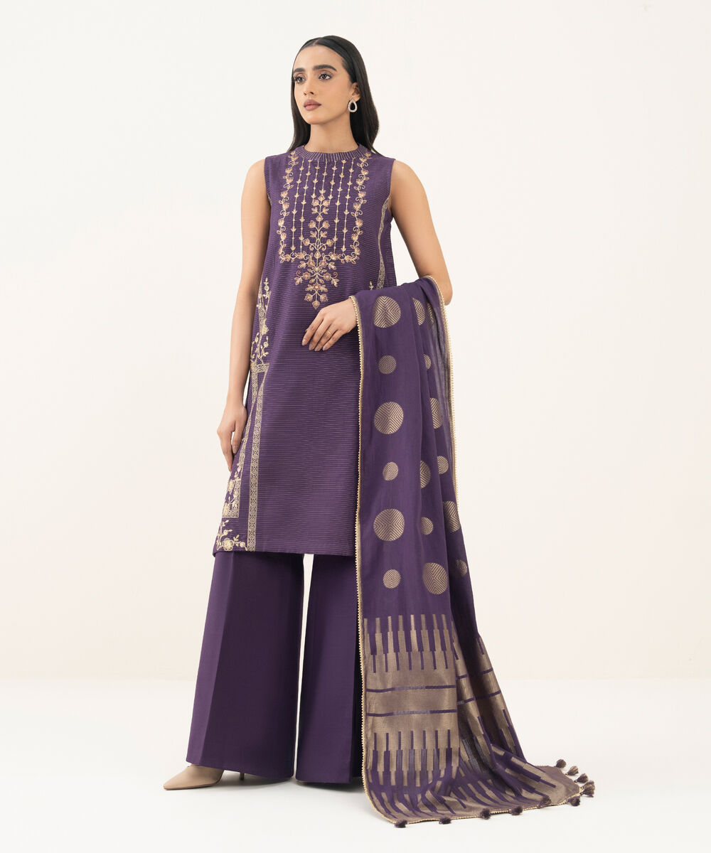 Women's Unstitched Embroidered Zari Khaddar Purple and Off White 3 Piece Suit
