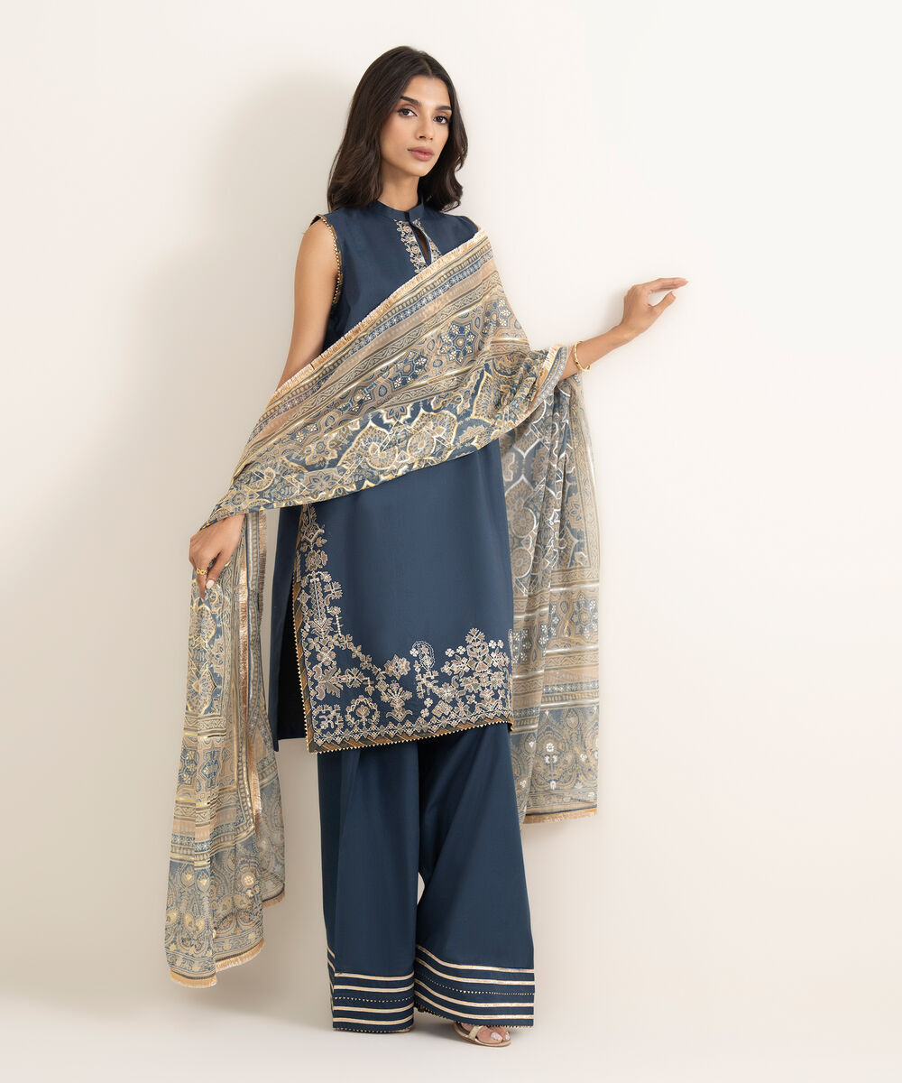 Women's Unstitched Textured Lawn Embroidered Blue 3 Piece Suit