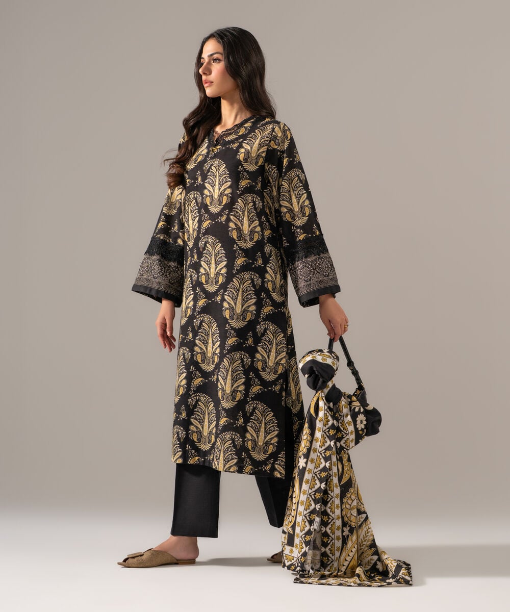 Women's RTW Khaddar Printed Black 3 Piece Suit