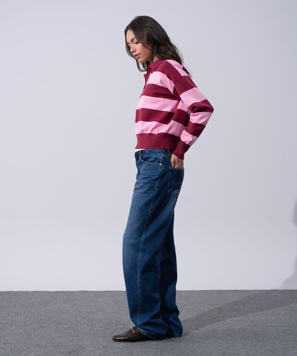 Women's Western Wear Merlot And Pink Striped Polo Neck Sweater