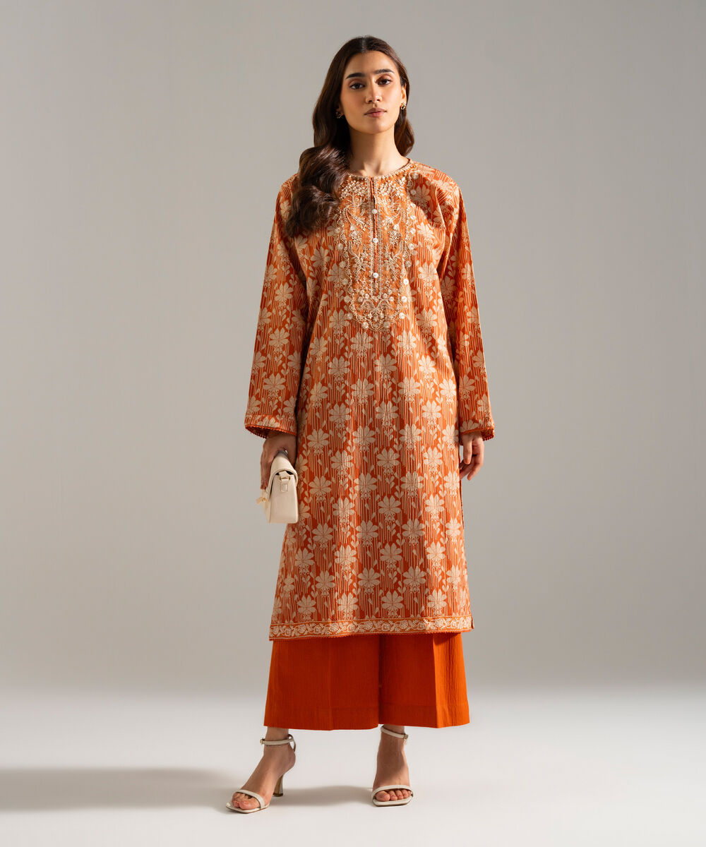 Women's RTW Seersucker Embroidered Orange 2 Piece Suit