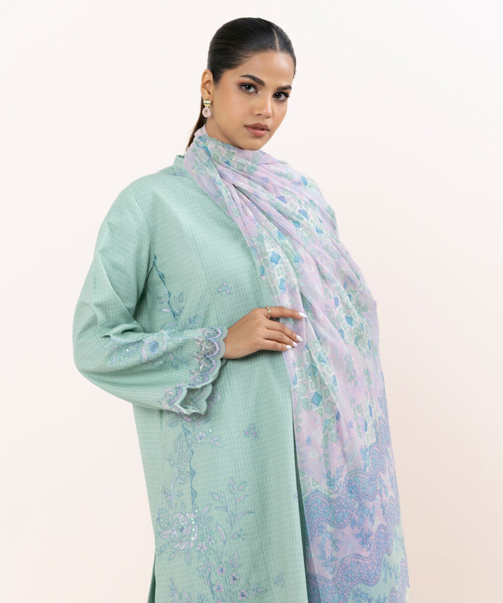 Women's Unstitched Linen Jacquard Dyed Three Piece Suit