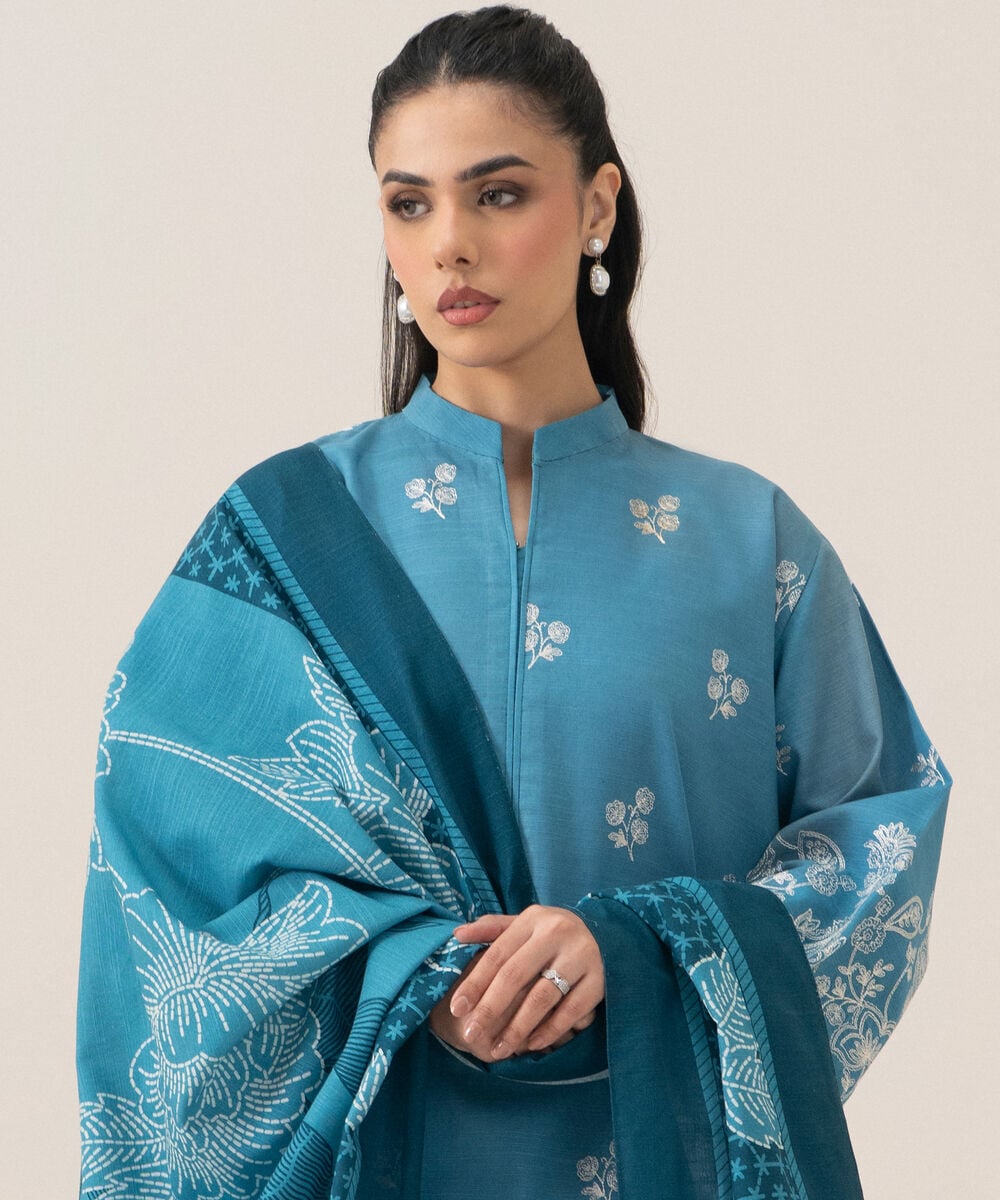 Women's Unstitched Cotton Embroidered Blue 3 Piece Suit