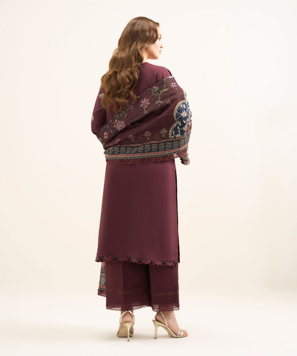 Women's Unstitched Cotton Embroidered Maroon 3 Piece Suit