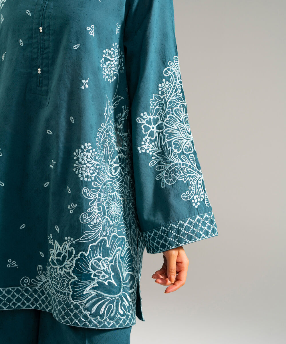Women's RTW Self Jacquard Embroidered Teal 2 Piece Suit