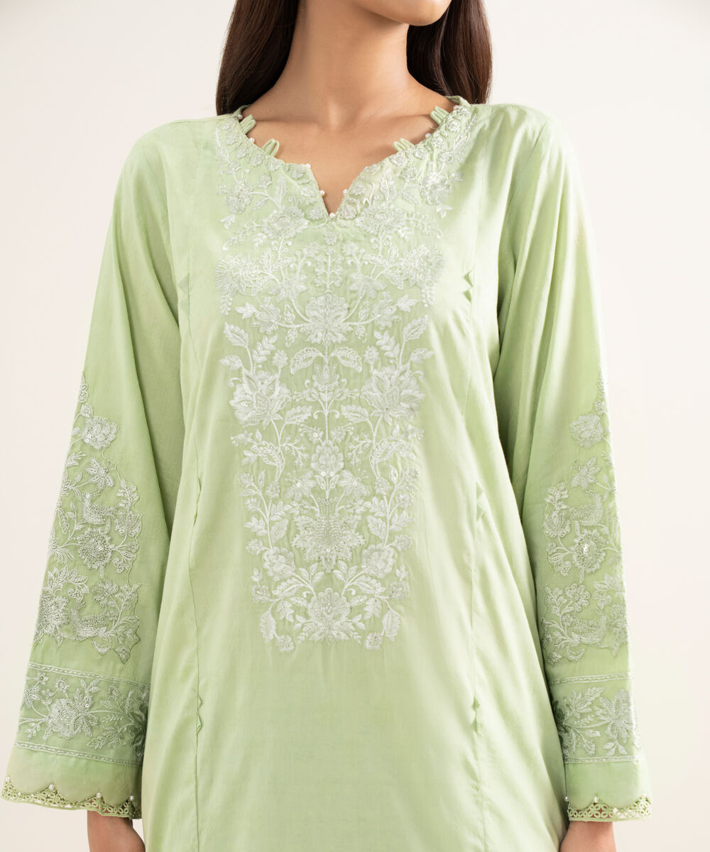 Women's RTW Self Jacquard Embroidered Green A-Line Shirt