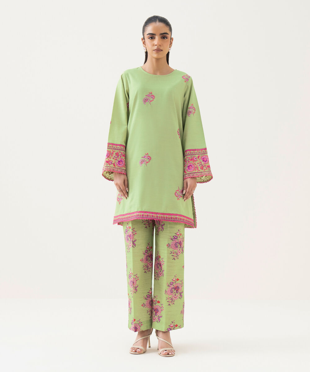 Women's RTW Light Khaddar Green Embroidered Straight Shirt