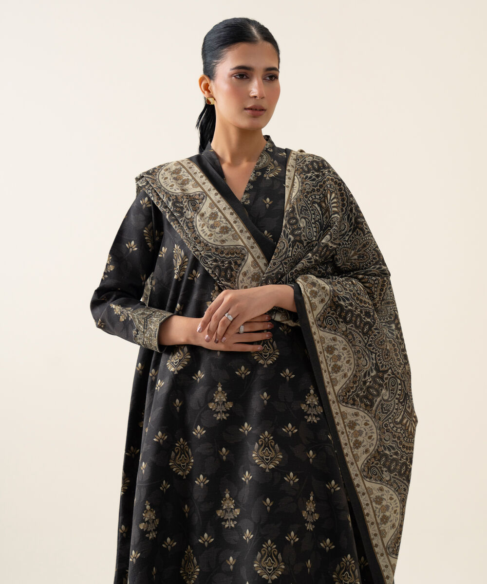 Womens Unstitched Light Khaddar Printed Dark Grey 3 Piece Suit