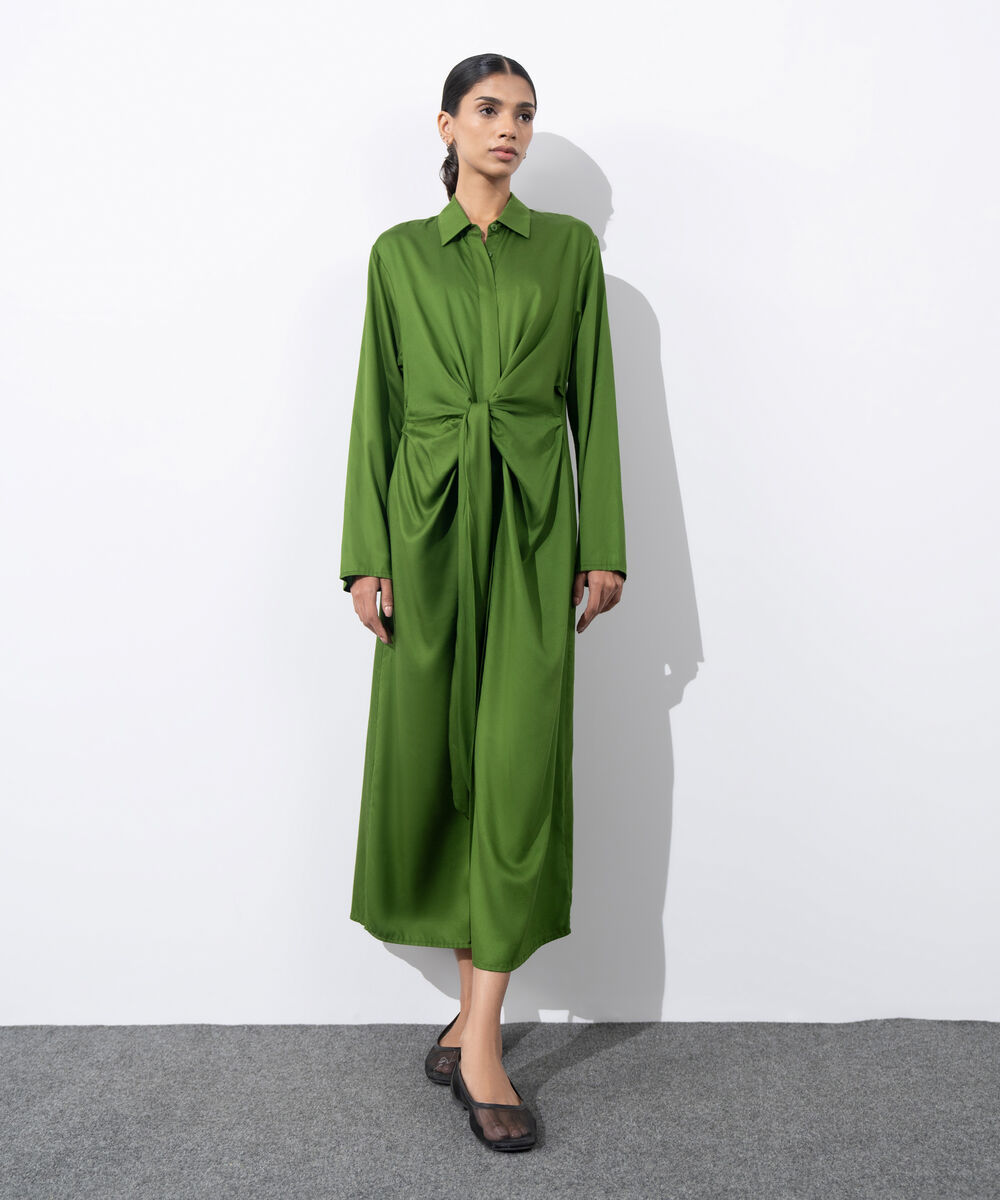 Women's Western Wear Green Tie-Knot Dress